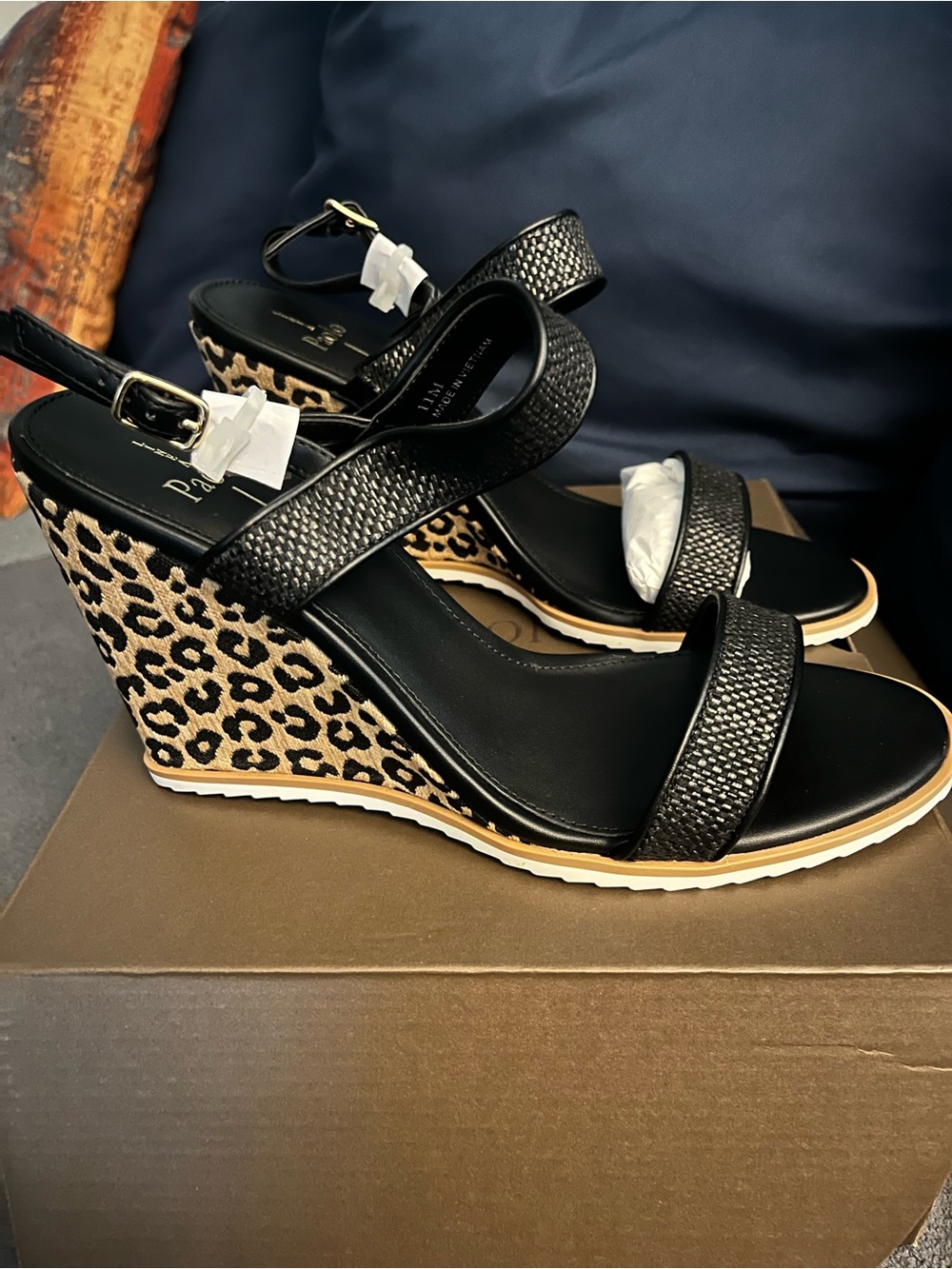 Linea Paolo Edith-L Black Woven Leopard Wedge Sandals Size 11